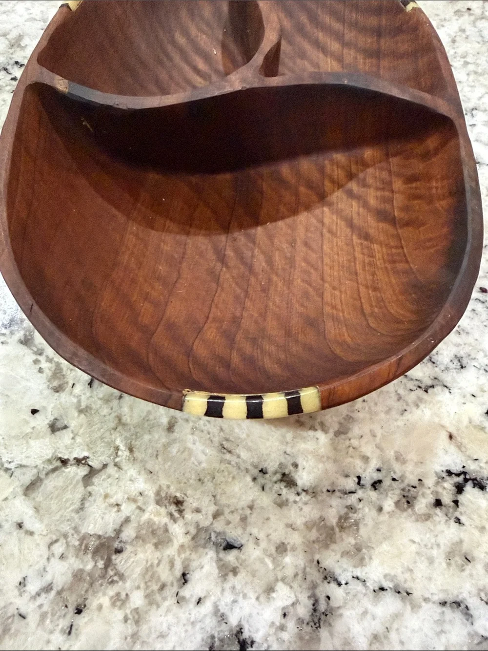 Vintage Handcrafted African Wild Olive Wood Divided Serving Bowl With Bone Inlay